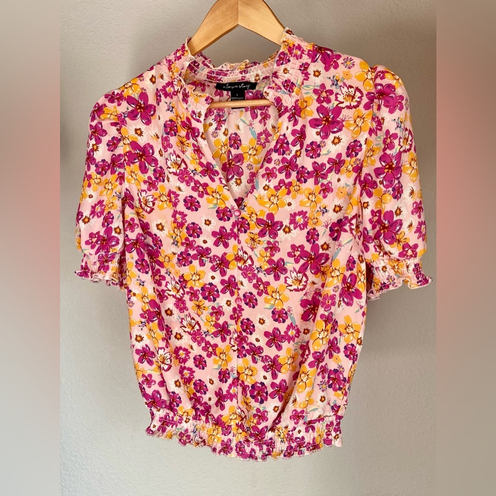 Anthropologie Pink and Yellow Floral Blouse
